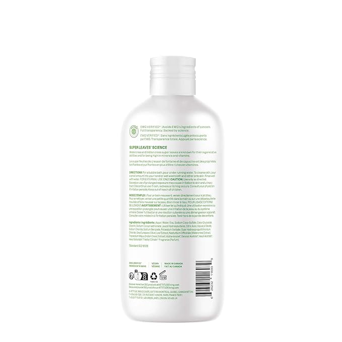 ATTITUDE Bubble Bath, EWG Verified, Plant and Mineral-Based, Dermatologically Tested, Vegan Body Care Products, Olive Leaves, 16 Fl Oz