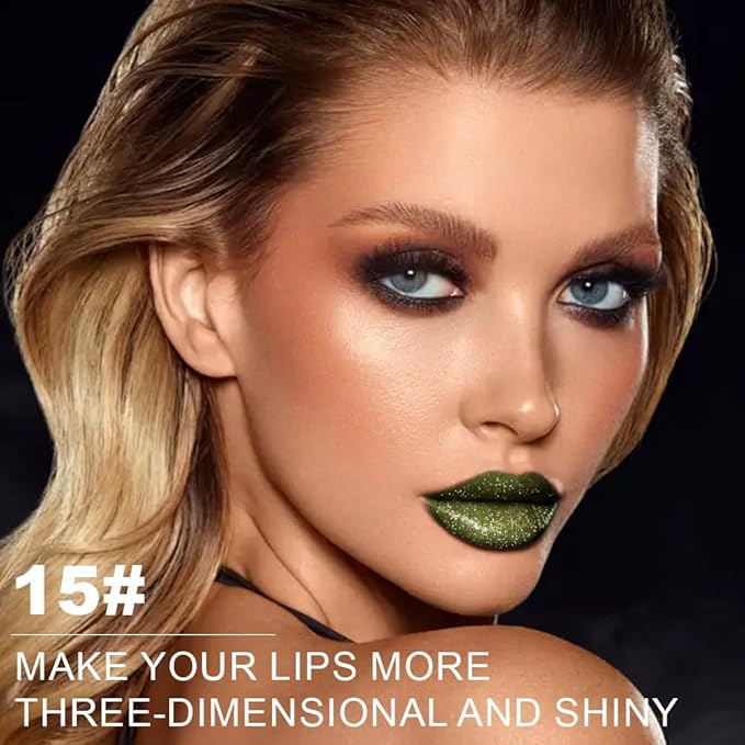 Kaely Dark Green Glitter Metallic Lipstick Makeup, Shimmer Metallic Lipsticks for Women, High Pigmented Lip Gloss Long Lasting Waterproof Smudge Proof, Vegan & Cruelty-Free, 15