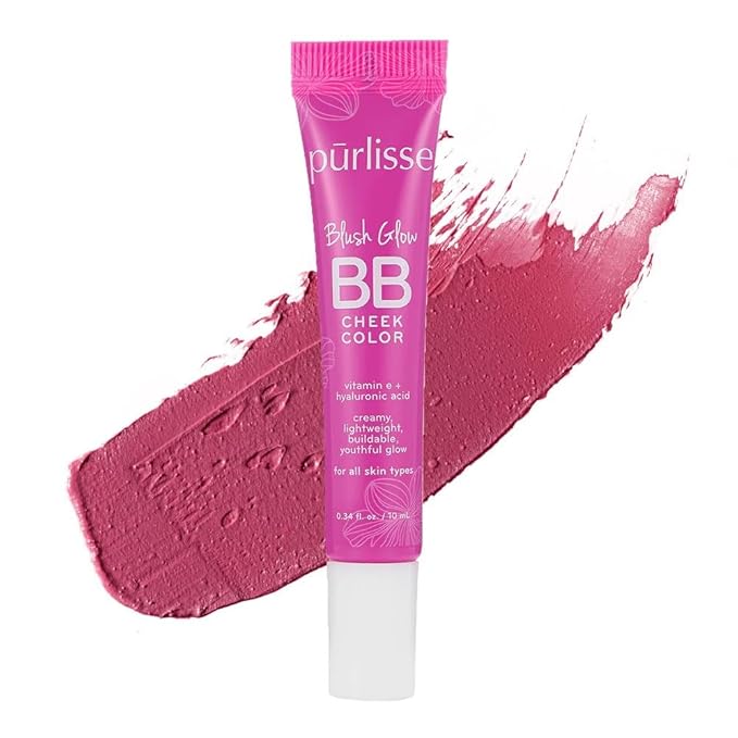 pūrlisse Blush Glow BB Cheek Color - Dewy Liquid Blush for Cheeks - Enriched with Vitamin E & Hyaluronic Acid - Creamy, Lightweight & Buildable - Hydrating & Nourishing - Pretty Plum (0.34 Fl oz)