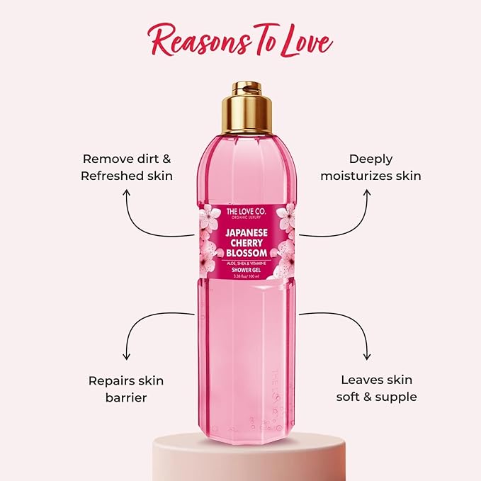 THE LOVE CO Japanese Cherry Blossom Shower Gel | Aloe & Vitamin E for Hydration & Skin Nourishment | 100% Vegan & Paraben-Free | Luxurious, Long-Lasting Fragrance | For Women & Men 100ml