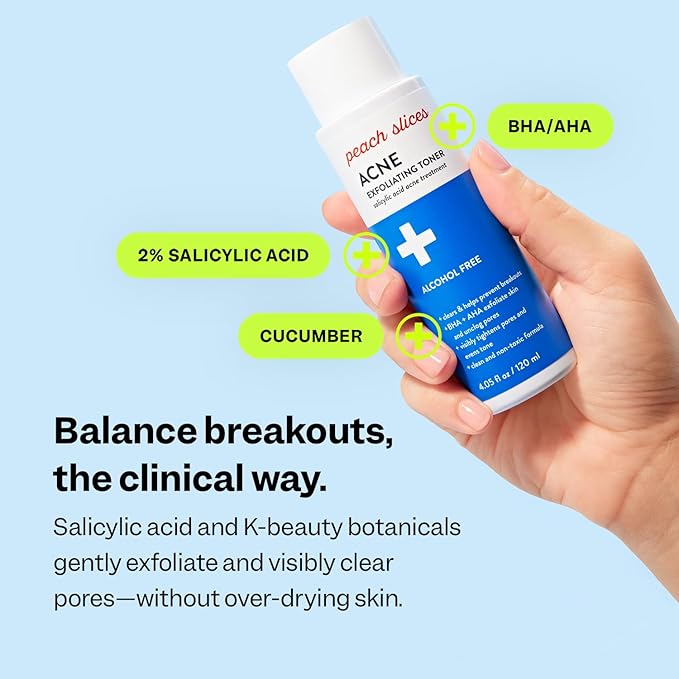 Peach Slices - Acne Exfoliating Toner (4.05 oz) - 2% Salicylic Acid Acne Treatment - Clear & Prevent Breakouts - Lactic & Glycolic Acid - Cucumber - Vegan, Cruelty Free, Korean Skin Care & Beauty