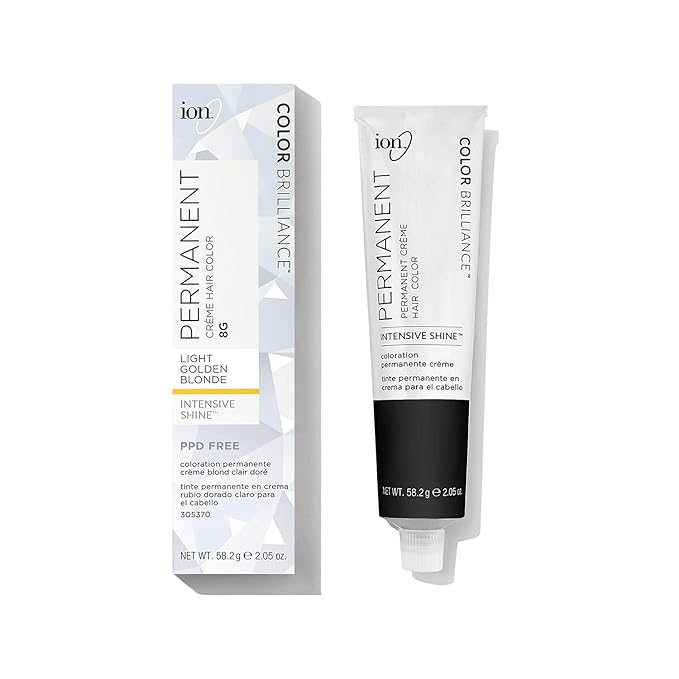 Ion Permanent Creme Hair Color 8G Light Golden Blonde, Vegan, Cruelty Free, PPD Free, 100% Gray Coverage, Long Lasting, Fade Resistant Color, 2.05 oz