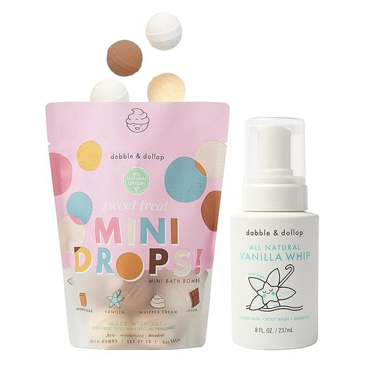 Dabble & Dollop Sweet Treat Mini Bath Bombs & Vanilla Shampoo, Body Wash and Bubble Bath for Kids - All Natural, Resealable Pouch, Foaming Whip, Vegan, Gluten-Free, Cruelty-Free (Pack of 2)