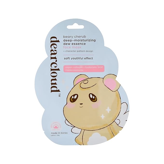 dearcloud Beary Cherub Deep-Moisturizing Dew Essence Face Mask, Korean Sheet Mask - Vegan Collagen, Hyaluronic Acid & Madecassoside (3 Count)
