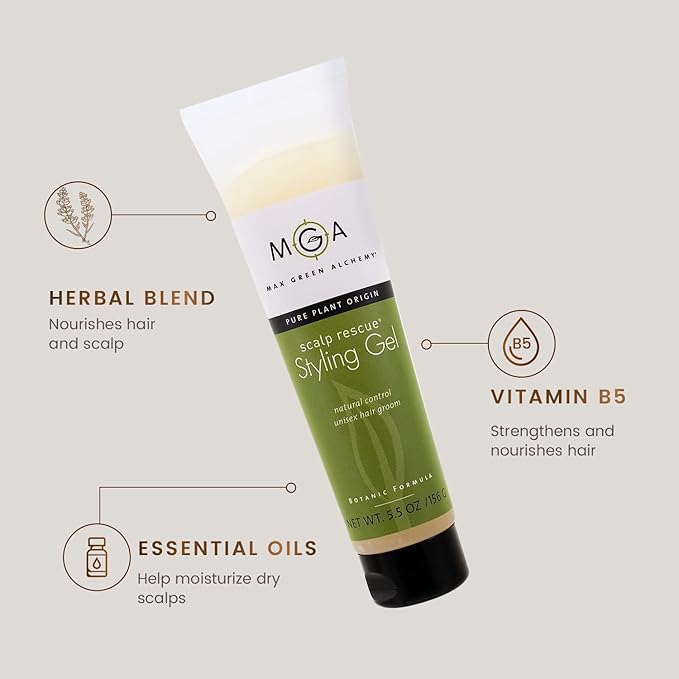 MGA Vegan Hair Styling Gel - Scalp Rescue Organic Formula for Flexible & Natural Hair Style | Curly Hair Products for Men & Women Provides Frizz Control | Alcohol Free & Color Safe Hair Gel, 5.5 Fl Oz