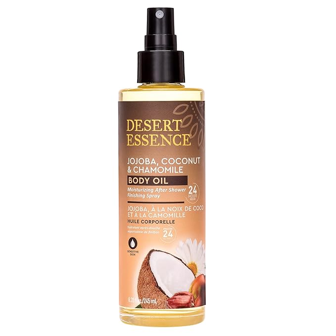 Desert Essence Jojoba, Coconut & Chamomile Body Oil Spray, 24-Hour Moisture After Shower Finishing Oil for Sensitive Skin, Fast-Absorbing Hydration, 8.28 fl oz