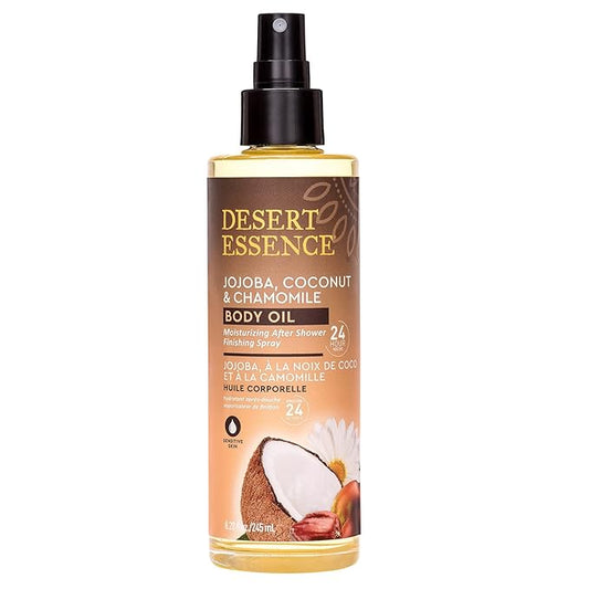 Desert Essence Jojoba, Coconut & Chamomile Body Oil Spray, 24-Hour Moisture After Shower Finishing Oil for Sensitive Skin, Fast-Absorbing Hydration, 8.28 fl oz