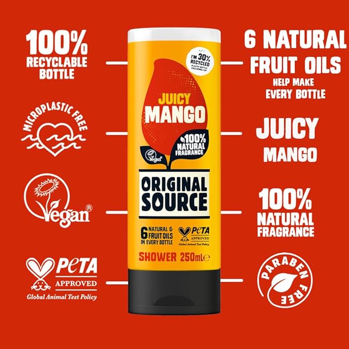Original Source Mango Shower Gel, 100 Percent Natural Fragrance, Vegan, Cruelty Free, Paraben Free, Bulk Buy, Pack of 6 x 250 ml