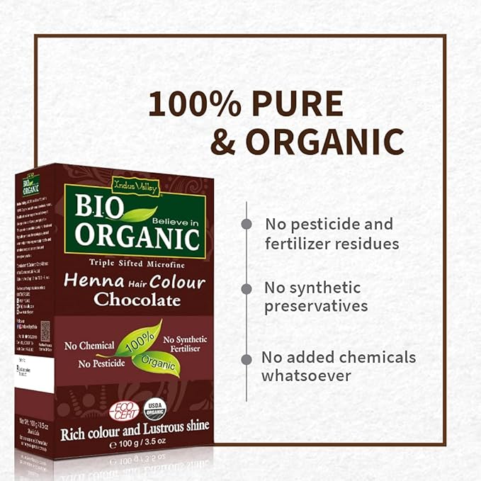 Indus Valley Bio Organic Natural Henna Hair Color Chocolate 100gm| 100% Gray Hair Coverage And Long Lasting Hair Dye | Natural Hair Dye, Vegan and Cruelty-Free