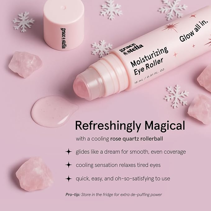 grace & stella Under Eye Brightener with Rose Quartz Rollerball - Hyaluronic Acid, Centella Asiatica & Caffeine Under Eye Serum for Dark Circles & Puffiness - Gifts for Women, Vegan (15ml / 0.51floz)