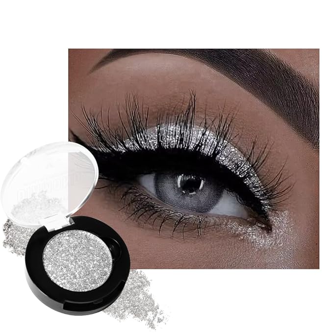 Silver Glitter Eyeshadow, High Pigmented Diamond Sparkly Eyeshadow Silver Eye Makeup, High Shine Long Lasting Waterproof Metallic Pearly Pressed Powder Eye Shadow Highlight for Face & Body, Vegan, #1H