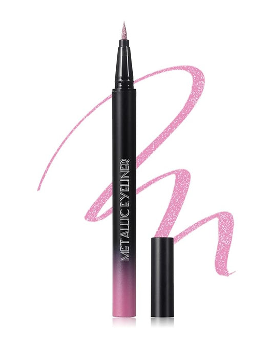 Metallic Pink Glitter Liquid Eyeliner, Diamond Shimmer Waterproof Eyeliner Pen, Sparkle Colored Eyeliner Long-Lasting, Ultra-Fine Tip Smudge-Proof, Quick-Drying, High Pigmented Eye Makeup for Women-01