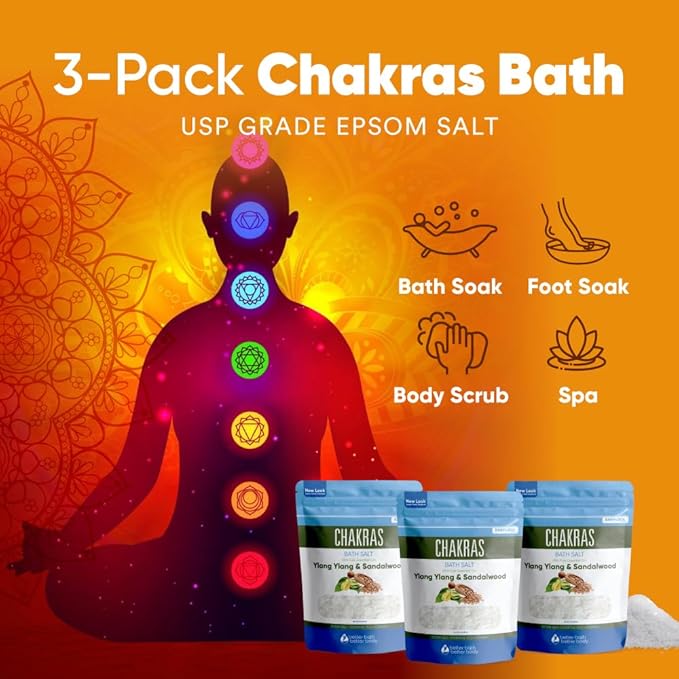 Chakras Bath Salt (3 Pack) USP Epsom Salt with Natural Ylang Ylang and Sandalwood Essential Oils Plus Vitamin C in BPA Free Pouch with Easy Press Lock Seal Made in USA Bundle 6 Lbs Total