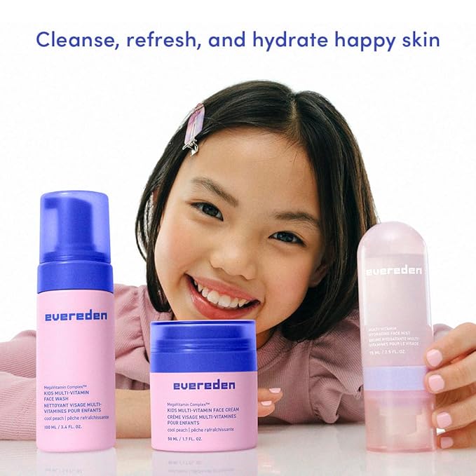 Evereden Kids Multi-Vitamin Hydrating Face Mist, Face Wash, & Kids Face Cream Set: Clean, Vegan, and Multivitamin-Rich Kids Skin Care Set for 6 & up - Moisturize & Refresh
