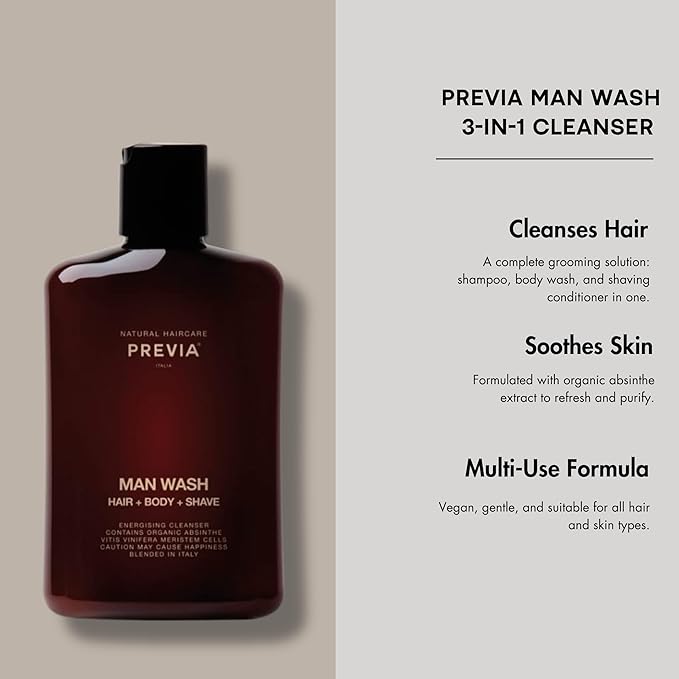 PREVIA Man Wash 3-in-1 Cleanser Hair Shampoo Anti Dandruff Body Wash & Shaving Conditioner Vegan Formula with Organic Absinthe Extract for All Hair Types 8.45 oz