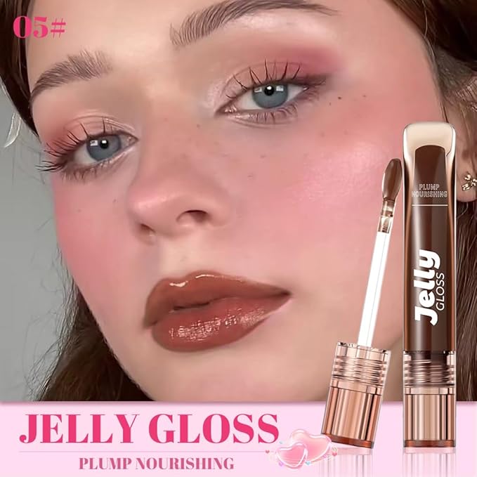 Jelly Lip Gloss, Soft Lip Tint, Instantly creates a Sheer Glass-like Shine, Cool Blue Red Rose Mocha Bean Chocolate Brown Colors, Smoothing, Moisturizing, Plump and Hydrated (B05)