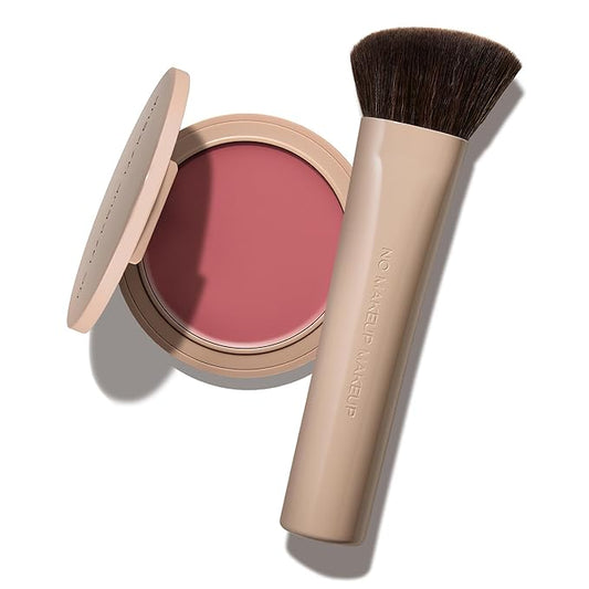 No Makeup Makeup Blush & Lip Duo with Blush Brush, Second-Skin Cream-Balm Formula Delivers a Long-Lasting Sheer Wash of Color, Buildable Coverage, Semi-Matte Finish, Includes Angled Brush, Pink