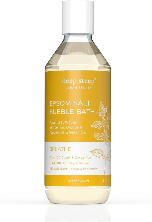Deep Steep Epsom Salt Bubble Bath, Breathe, 10 oz – Spa Soak with Epsom Salt, Peppermint, Lemon & Essential Oils – Vegan, Clean Beauty, Muscle Relief & Sinus Support