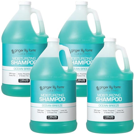 Ginger Lily Farms Club & Fitness Moisturizing Shampoo for All Hair Types, 100% Vegan & Cruelty-Free, Ocean Breeze Scent, 1 Gallon Refill (Pack of 4)