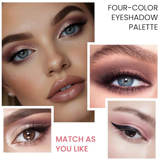 Eyeshadow Quad - Blendable Matte & Shimmer, 4 Shades Nude, Champagne, Gold, Brown, Velvety Pigmented Formula, Long-Lasting, Built-In Mirror, Perfect for Older Women 02#