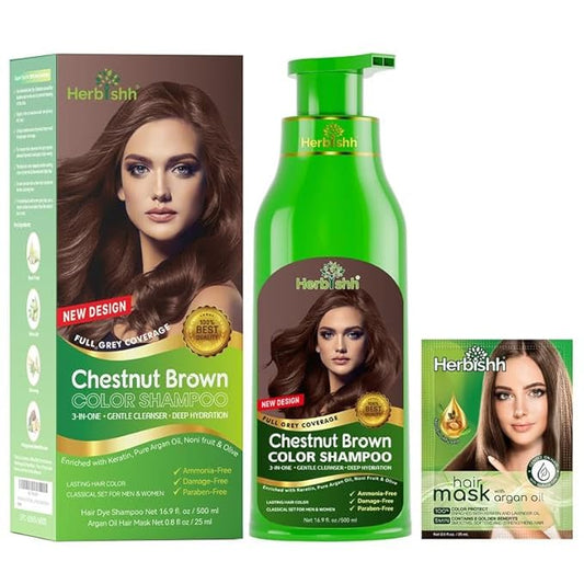 Herbishh Color Shampoo for Gray Hair Coverage (Chestnut Brown) –Hair Dye 3-in-1 Shampoo- Colors in Minutes – Lasts Up To 2-3 Weeks – 500 mL – Ideal for Men & Women