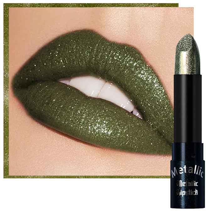 Kaely Dark Green Glitter Metallic Lipstick Makeup, Shimmer Metallic Lipsticks for Women, High Pigmented Lip Gloss Long Lasting Waterproof Smudge Proof, Vegan & Cruelty-Free, 15
