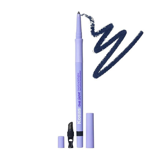 Kosas Soulgazer Gel Eyeliner (Enigma) - Waterproof, Smudge-Proof Pen with Hyaluronic Acid - Retractable Eyeliner Pencil with Sharpener & Smudger, Long-Lasting - Blackened Blue Satin