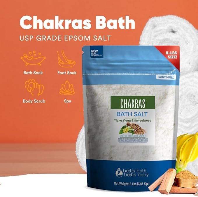 Chakras Bath Salt 128 Ounces (8 Lbs) Epsom Salt with Natural Ylang Ylang and Sandalwood Essential Oils Plus Vitamin C in BPA Free Pouch with Easy Press Lock Seal Made in USA