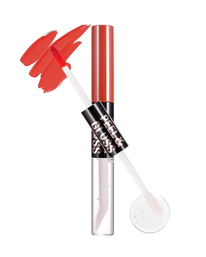 2 In 1 Peel Off Lip Stain Oil Set, Dual Ended Waterproof Long Wear Tattoo Lipliner with Clear Lip Gloss, Transfer-Proof and Non Sticky Peel Off Lips Tint Stain, Matte & Mirror Finish Lipstick-01