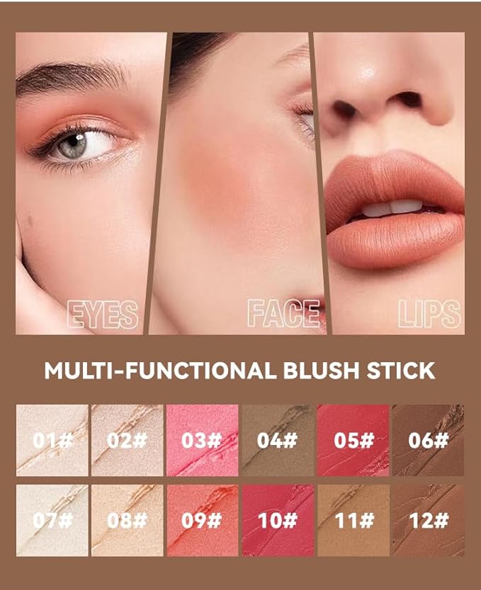 Natural Blush Stick for Cheeks & Lips - Creamy, Buildable, Vegan Makeup ，Long-Lasting, Easy Blend, Travel-Friendly (10)