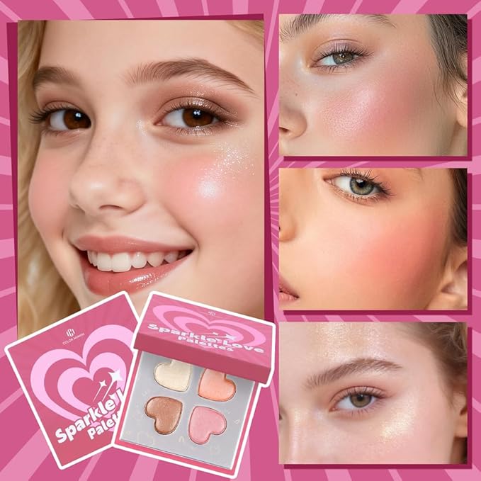 Color Nymph SPARKLE LOVE Palettes - Face & Cheek Makeup Palette丨Blush, Bronzer & Highlighter Make Up for Teens Girls Tweens with Gentle & Silky-smooth Formula, Vegan & Talc-free (Pink)