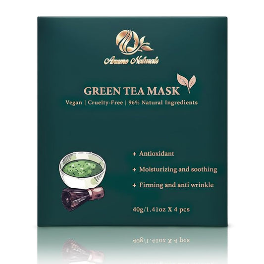 Green Tea Face Mask – Vegan Facial Mask with Green Tea Extract, Glycerin & Hyaluronic Acid, Moisturizing Face Mask for Skin Care, Cruelty-Free | 4-Count (40g Each)