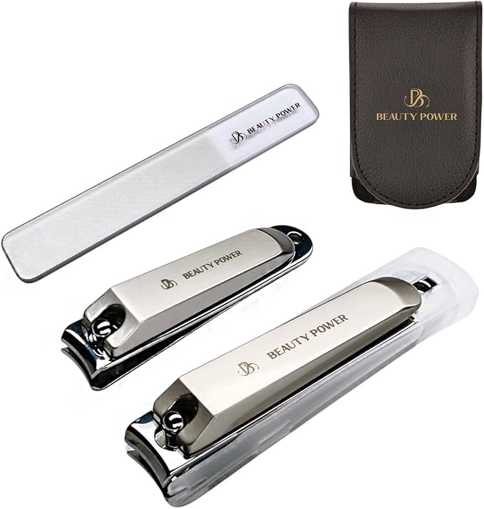 Nail Clippers Set 3 in 1 - Stainless Steel Toe Nail Clippers, Fingernail Clipper, Glass Nail File, Anti Splash, Ergonomic Grip in Black PU Leather Travel Case for Men & Women - Gift Idea