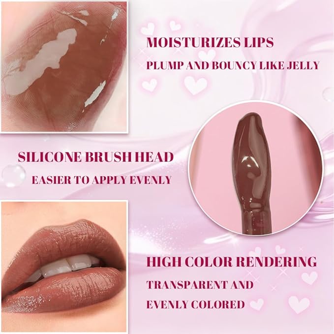 Jelly Lip Gloss, Soft Lip Tint, Instantly creates a Sheer Glass-like Shine, Cool Blue Red Rose Mocha Bean Chocolate Brown Colors, Smoothing, Moisturizing, Plump and Hydrated (B05)