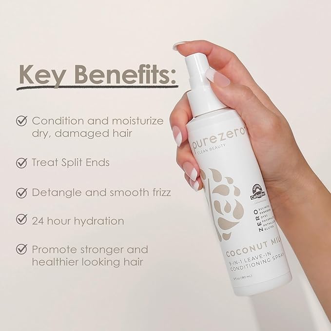 Purezero 9-in-1 Coconut Milk - Leave-In Conditioning Spray - Intense Hydration & Increase Shine, Fight Dandruff & Frizz, Zero Sulfates, Parabens, Dyes (6 oz (2 Pack))