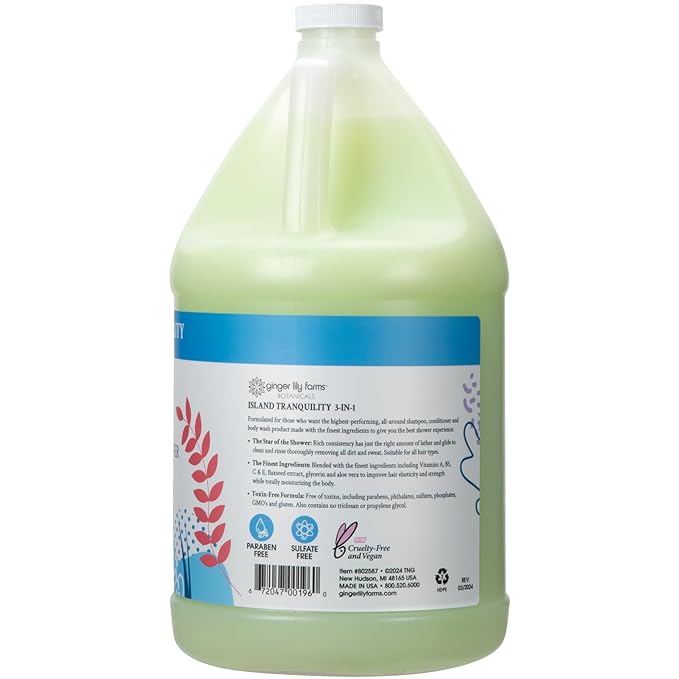 Ginger Lily Farms Botanicals 3-in-1 Shampoo, Conditioner & Body Wash, Island Tranquility, 100% Vegan & Cruelty-Free, Green Tea Lemongrass Scent, 1 Gallon (Pack of 4)