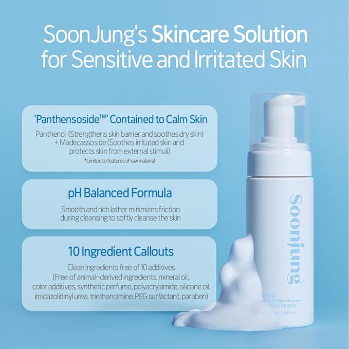 ETUDE SoonJung pH 6.5 Whip Cleanser | Mild Micro Foaming Face Wash for Sensitive Skin, Panthenol, Madecassoside for Soothing, Barrier Repair, Low pH, Vegan Certified, Non-comedogenic, 5.07 Fl Oz