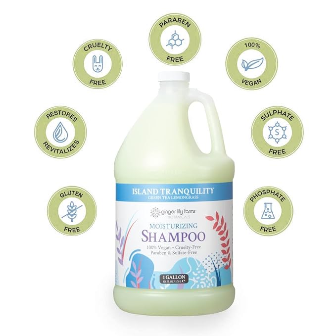 Ginger Lily Farms Botanicals Moisturizing Shampoo for All Hair Types, Island Tranquility, 100% Vegan & Cruelty-Free, Green Tea Lemongrass Scent, 1 Gallon Refill (Pack of 4)