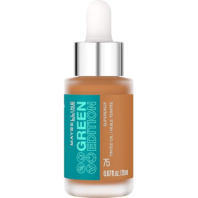 Maybelline Green Edition Superdrop Tinted Oil Base Makeup, Adjustable Natural Coverage Foundation Formulated With Jojoba & Marula Oil, 75, 1 Count