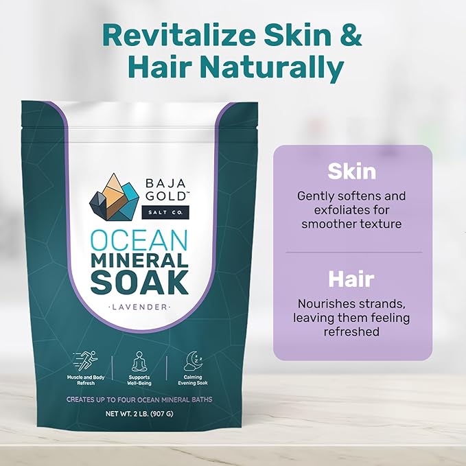 Baja Gold Ocean Mineral Soak – Natural Magnesium Bath Soak & Trace Elements | Relaxing, Clean Ingredient Soak for Bath, Muscles, Relaxation & Skin Care | Pure, Vegan, 2 Lb Resealable Bag, Lavender