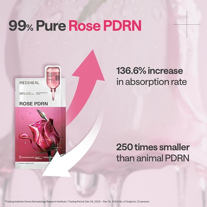 Mediheal Rose PDRN Essential Sheet Mask 10 pcs. 99% Pure White Rose PDRN & Hyaluronic Acid for hydrating, firming, and enhancing moisture barrier, skin firmness, and glow. Vegan formula