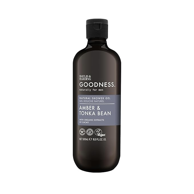 Baylis & Harding Goodness Men's Amber & Tonka Bean Natural Body Wash, 16.9 fl. oz (Pack of 3) - Biodegradable Formula - Vegan Friendly