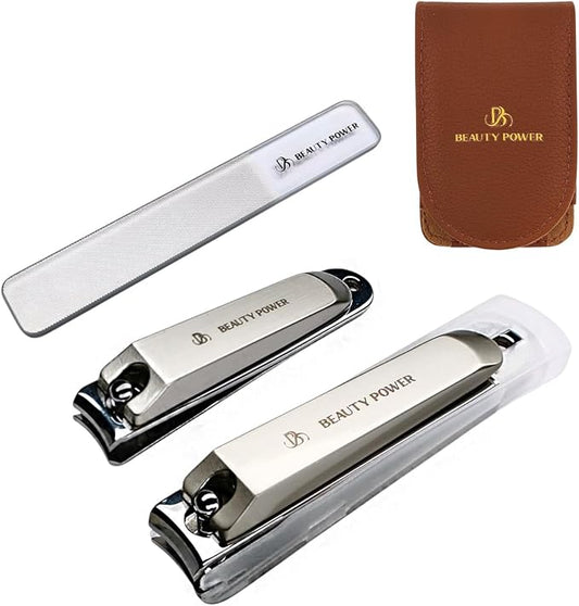 Nail Clippers Set 3 in 1 - Stainless Steel Toe Nail Clippers, Fingernail Clipper, Glass Nail File, Anti Splash, Ergonomic Grip in Brown PU Leather Travel Case for Men & Women - Gift Idea