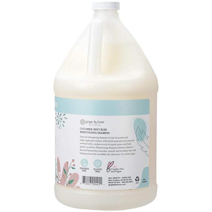 Ginger Lily Farms Botanicals Moisturizing Shampoo for All Hair Types, 100% Vegan & Cruelty-Free, Cucumber Mint Bliss Scent, 1 Gallon (128 fl oz) Refill