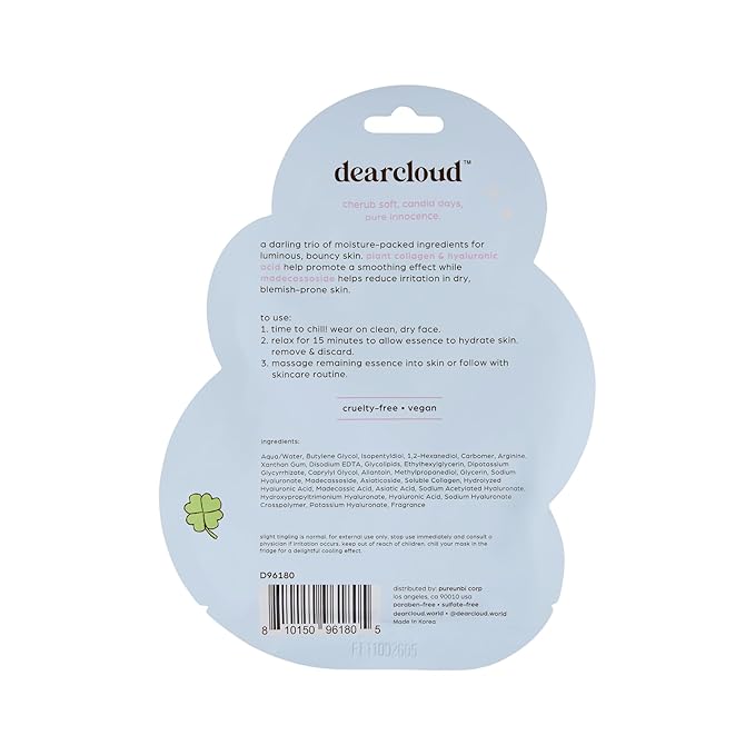 dearcloud Beary Cherub Deep-Moisturizing Dew Essence Face Mask, Korean Sheet Mask - Vegan Collagen, Hyaluronic Acid & Madecassoside (3 Count)