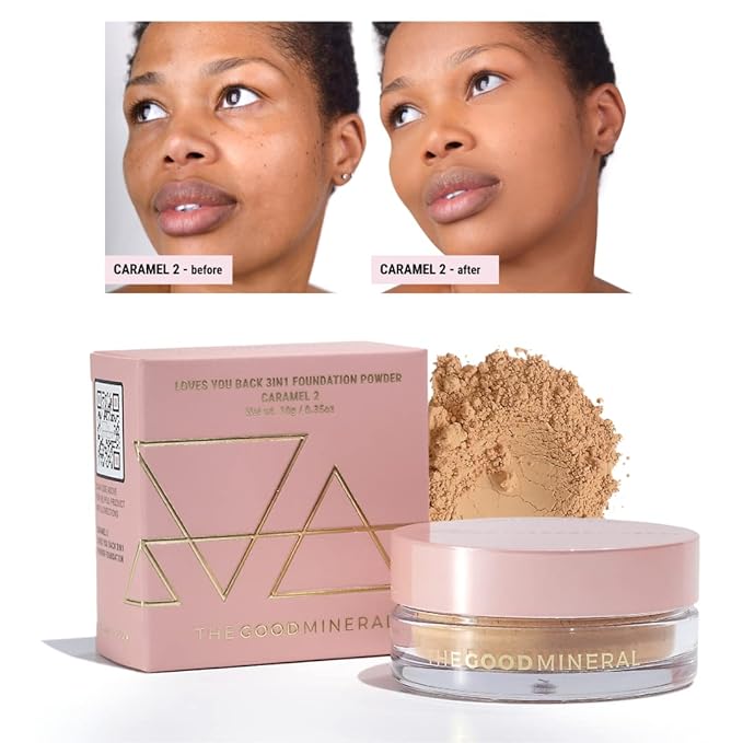 The Good Mineral Loves-You-Back 3in1 Mineral Powder Foundation (CARAMEL 2) | Designed for acne-prone, sensitive skin | 3IN1 - Concealer, Foundation + Powder | No skin agitation with calming Zinc Oxide