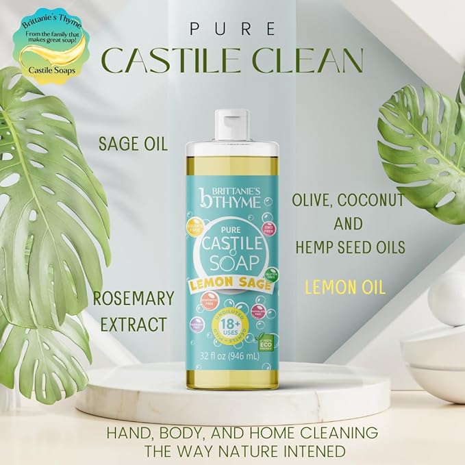 Brittanie’s Pure Castile Liquid Soap Refill, Lemon Sage, 32 Ounce Pack of 2 | Dish Soap, Hair & Body, Home, Gentle and Pure, Made with Natural Luxurious Oils, Vegan & Gluten Free Non-GMO
