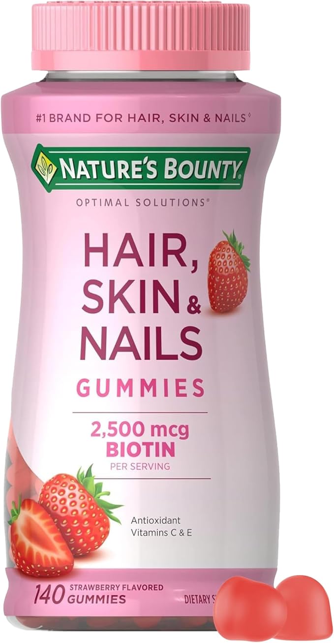Nature's Bounty Hair, Skin & Nails with Biotin, Strawberry Gummies Vitamin Supplement, Supports Hair, Skin, and Nail Health for Women, 2500 mcg, 140 Ct, 70 Total Servings