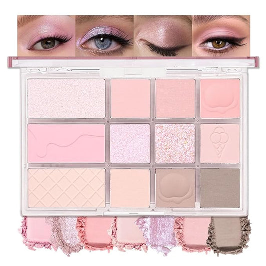 SUAKE Nude Pink Eyeshadow Palette, Matte & Shimmer, High Pigmented 12 Colors Brown Purple Eye Shadow Primers for Eye Makeup, Korean Powder Palet de sombras de ojos (03# Ice Cream)