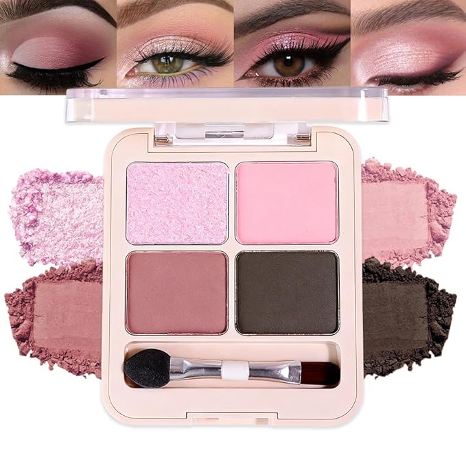 Pink Brown 4Colors Eyeshadow Makeup Palette with Brush Mirror,Natural Neutral Powde Eye Shadow Palettes for Older Women,Long Lasting Naturing-Looking,Lightweight Eye Makeup Kit Travel Size